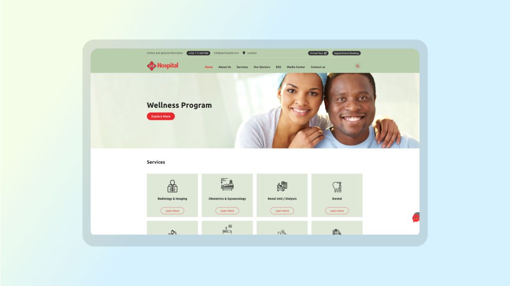 AAR Hospital website landing page showcasing key services, clear navigation, and a patient-focused design.