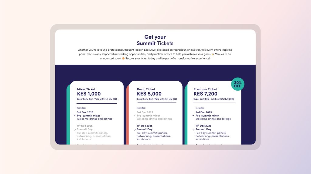 Ticketing section of the Jasiri Network Africa Summit website, directing users to a third-party ticketing platform.
